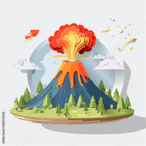 paper craft style vector illustration of erupt volcano
