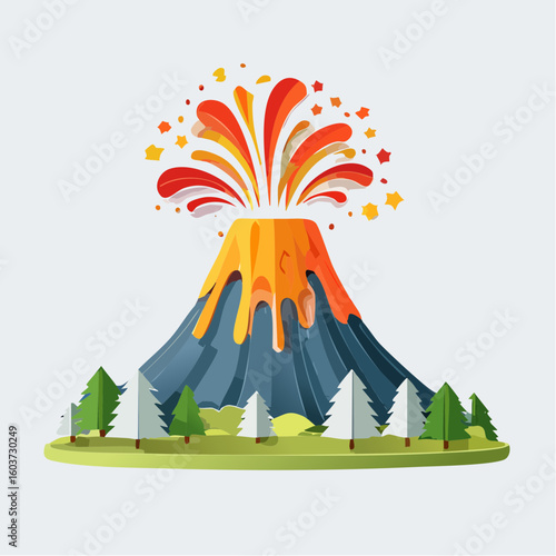 paper craft style vector illustration of erupt volcano