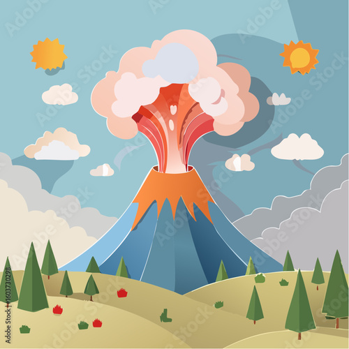paper craft style vector illustration of erupt volcano