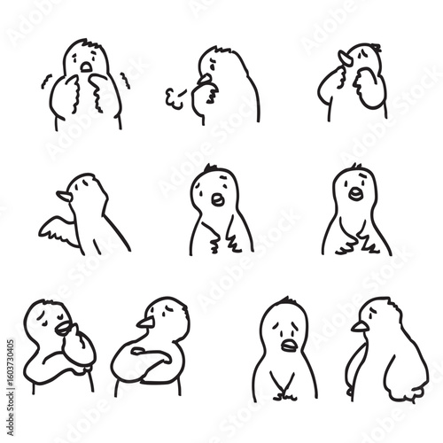 困っているゆるくてかわいいひよこセット　線画