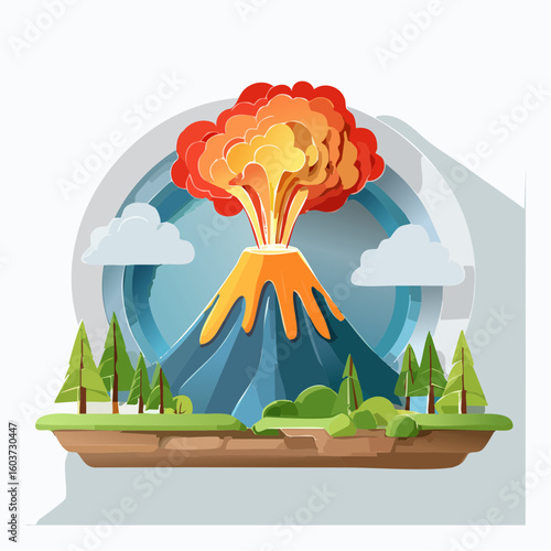 paper craft style vector illustration of erupt volcano