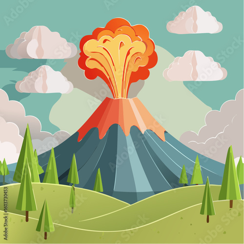 paper craft style vector illustration of erupt volcano