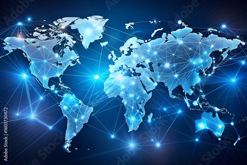 Photo of a global network map illustrates worldwide communication and connectivity