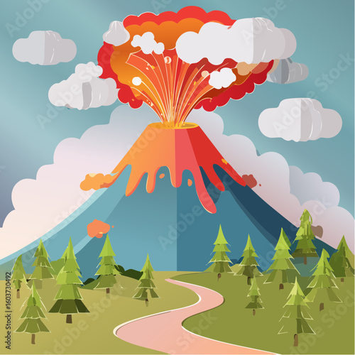 paper craft style vector illustration of erupt volcano