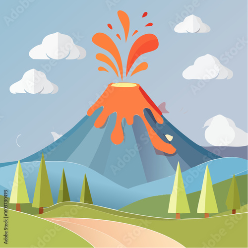 paper craft style vector illustration of erupt volcano