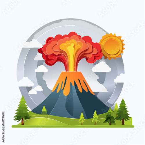 paper craft style vector illustration of erupt volcano