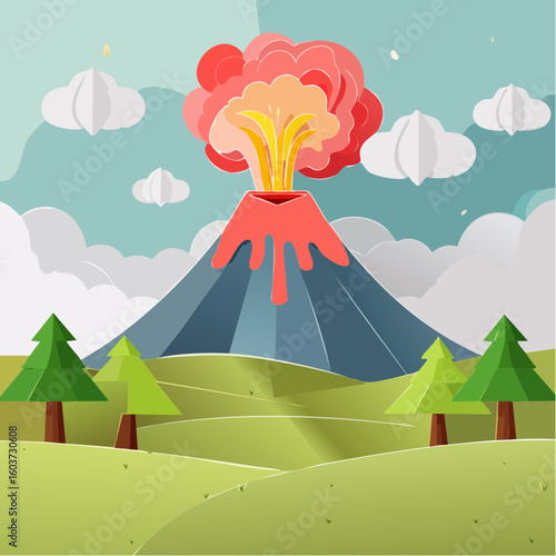 paper craft style vector illustration of erupt volcano
