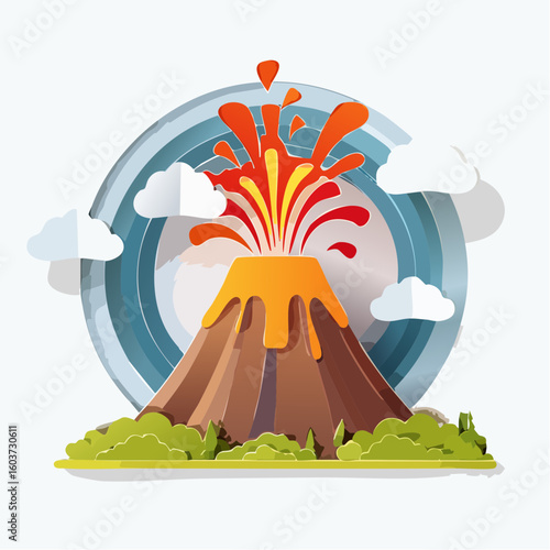 paper craft style vector illustration of erupt volcano