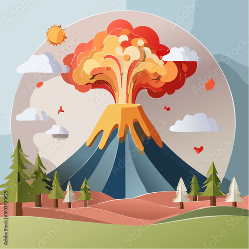 paper craft style vector illustration of erupt volcano