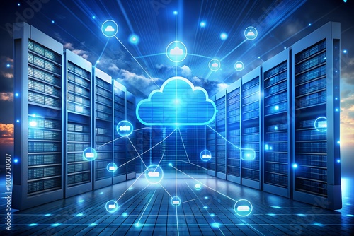 Photo of cloud computing network with data servers and connections illustration cloud data storage