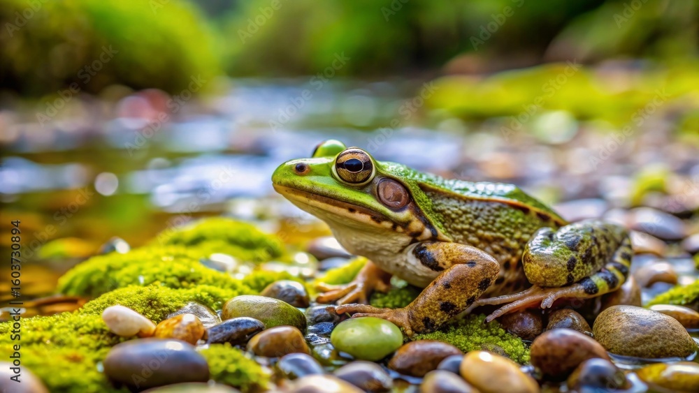 Obraz premium A vibrant green frog peacefully rests on moss-covered stones beside a gently flowing stream
