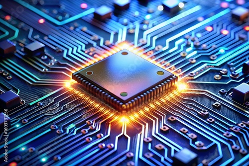 Photo of closeup of a computer chip with intricate circuits and glowing lights