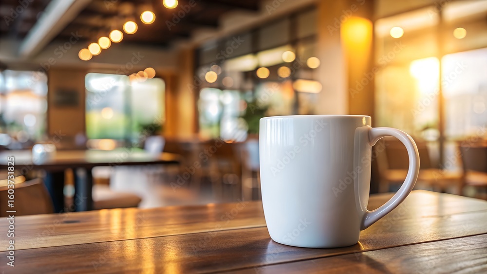 Fototapeta premium Photo of white mug on a wooden table in a cafe with sunlight