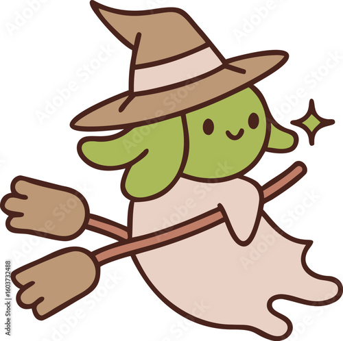 Spooky witch flying on a broomstick isolated on transparent background