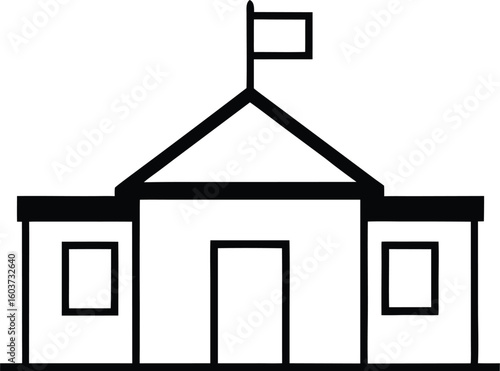 Symmetrical school building with flag isolated on transparent background
