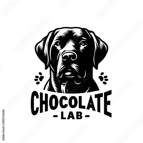 Chocolate Lab Dog Portrait with Paw Prints.