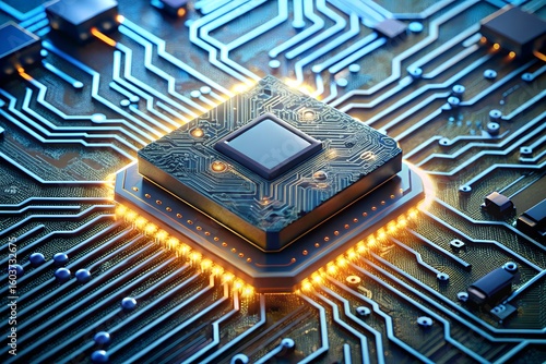 Photo of computer processor on a circuit board technology and innovation