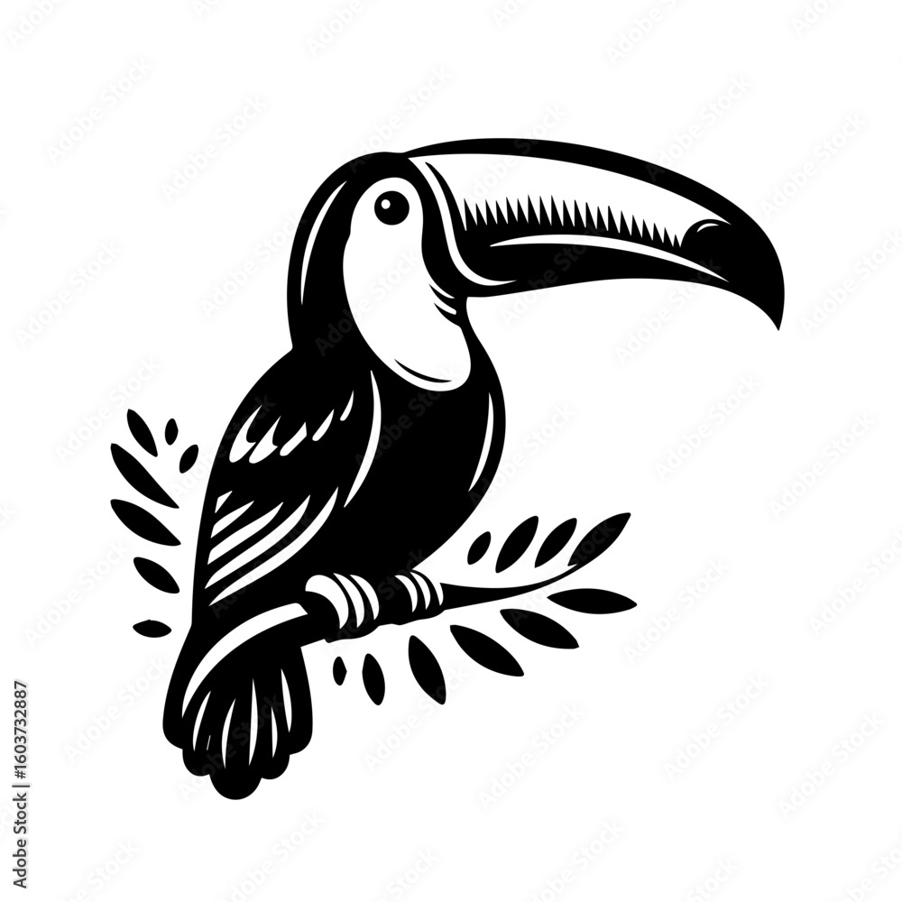 Fototapeta premium Stylized Black and White Toucan Perched on Branch.