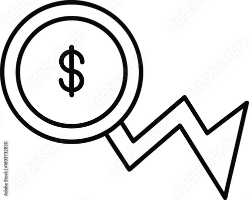 Coin with fluctuating line graph icon isolated on transparent background