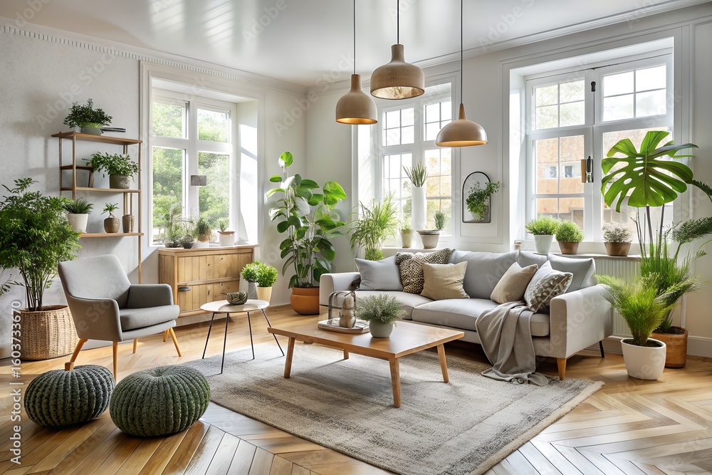 Fototapeta premium Photo of bright living room filled with plants comfortable sofa and natural light