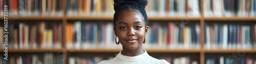 Black African American schoolgirl child smiling in a library filled with books for learning. Primary school education and ethnic diversity and inclusion concept, Generative AI