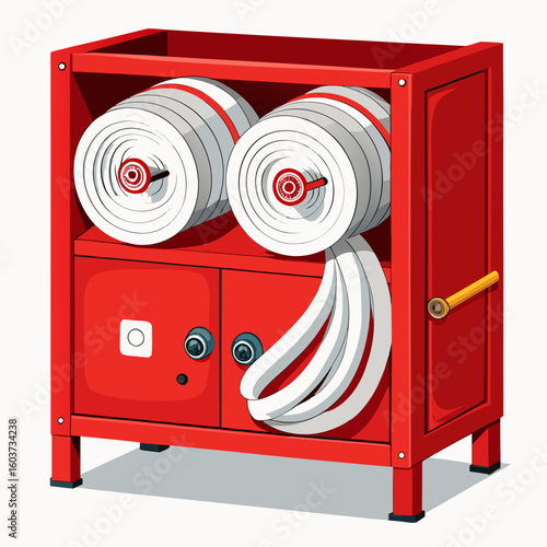Red Fire Hose Reel Cabinet with Two Hoses Rolled Up Inside