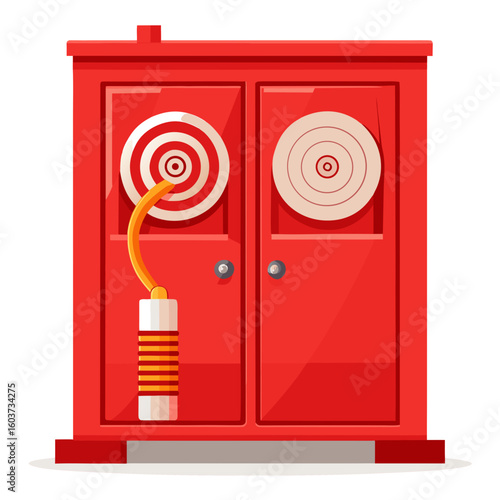 Red Fire Hose Cabinet with Targets on Doors Cartoon Illustration