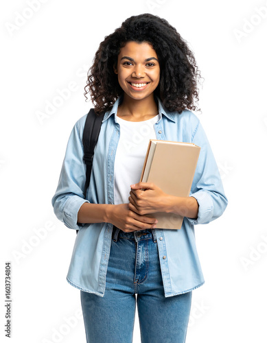 Smiling young woman student holding books, wearing backpack isolated on transparent background. College student clipart.