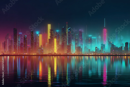 Wallpaper Mural Vibrant neon city skyline glows at night reflecting in calm water creating a futuristic, electric urban atmosphere Torontodigital.ca