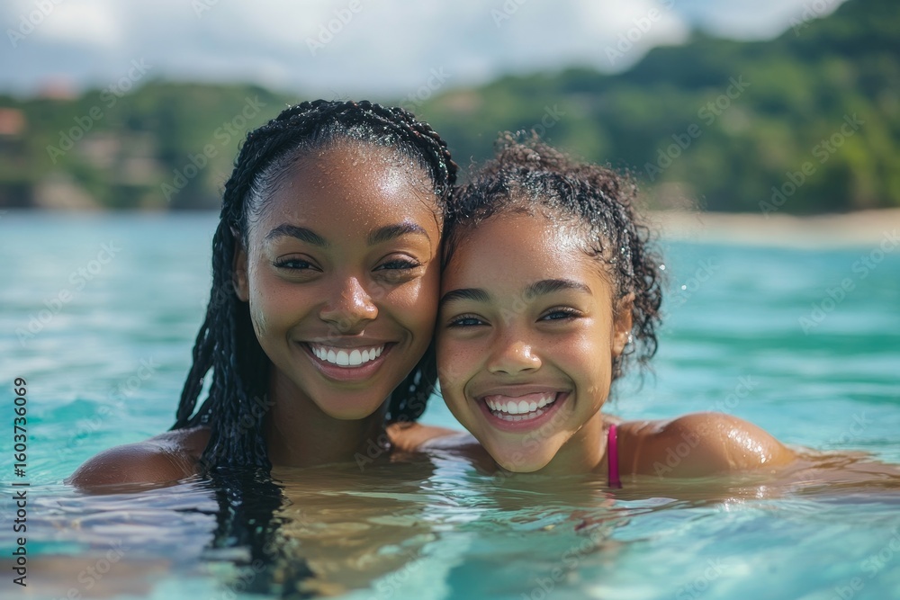 Fototapeta premium Happy candid Black African American mother and daughter swimming on a summer vacation holiday, Generative AI