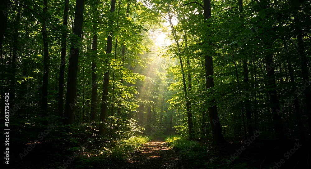 Obraz premium sun rays in the forest. sun rays through the forest and big trees with lush green foliage and undergrowth. 
