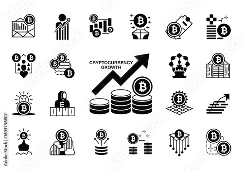 Bitcoin Cryptocurrency Investment Growth and Digital Finance Icons Representing Modern Economy and Blockchain Technology Concepts