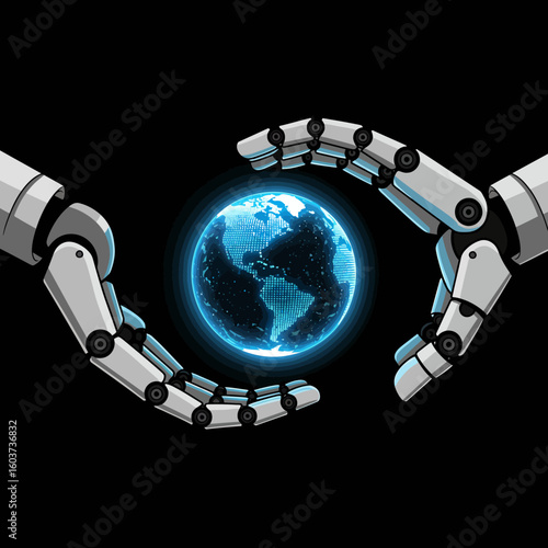Robotic hands gently cradle a glowing blue Earth, symbolizing AI's role in environmental protection and technological advancement for a sustainable future.