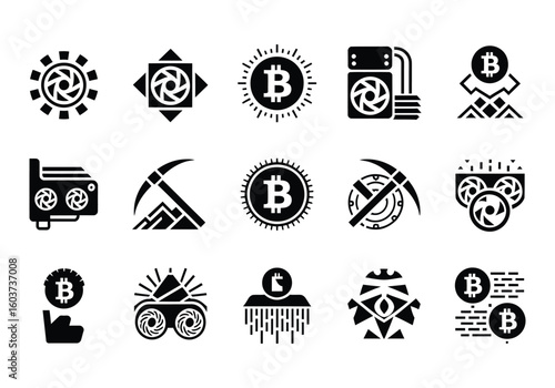 Bitcoin Mining Icons Set Cryptocurrency and Blockchain Technology Digital Currency Mining Process Black Glyph Icons for Web Design