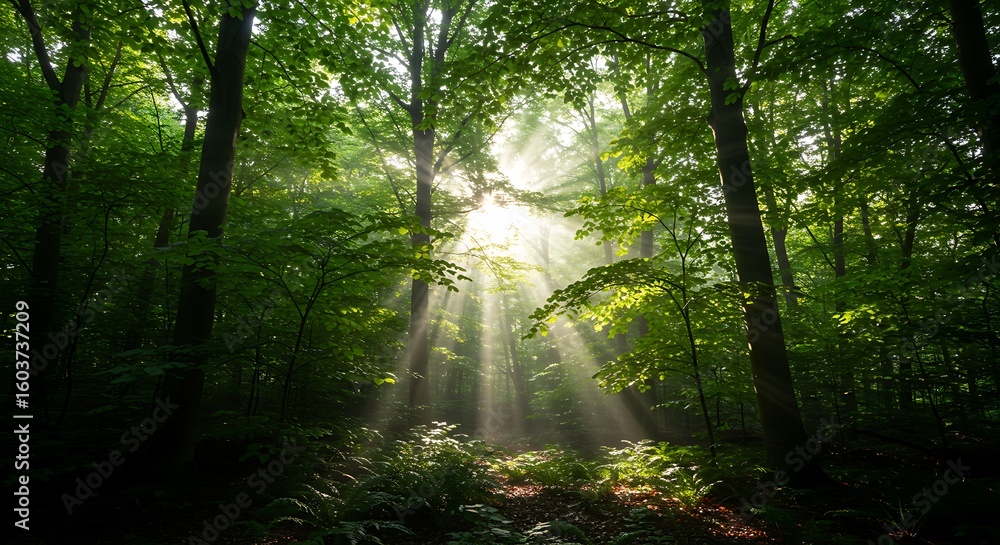 Fototapeta premium sunlight in the forest. sun rays through the forest and big trees with lush green foliage and undergrowth. 