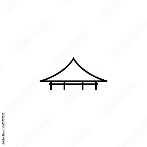 Minimalist line art illustration of a traditional Japanese pavilion or gazebo with a curved roof, isolated on a clean white background for versatile use.