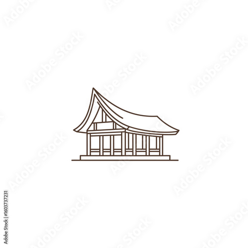 Line art illustration of a traditional Asian house, perfect for architectural design projects, travel brochures, or cultural publications needing a simple yet elegant visual representation of Asian