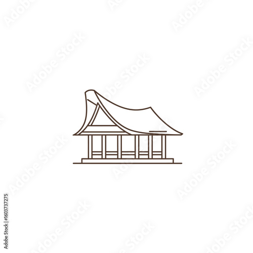 A minimalist line art illustration of a traditional Asian temple or pavilion with an elegant curved roof, isolated on a clean white background.