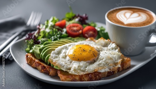 Wallpaper Mural A breakfast plate with toast, eggs, avocado, salad, and coffee Torontodigital.ca