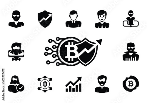 Blockchain Technology and Cryptocurrency Business Icons for Digital Finance and Investment Opportunities Showing Secure Transactions and User Profiles