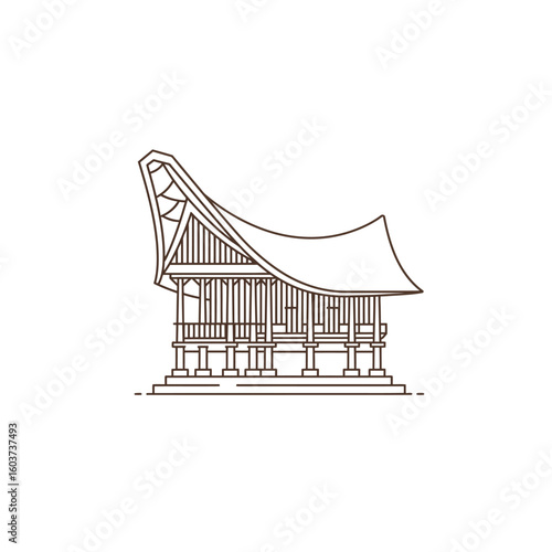 A minimalist line art illustration depicts a traditional Indonesian house with its iconic curved roof, standing on stilts, representing cultural heritage.