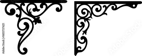 Decorative metal corner brackets, wrought iron, floral patterns, stylized swirls, geometric shapes, symmetrical designs, black metal