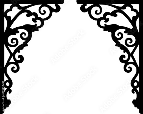 Decorative metal corner brackets, wrought iron, floral patterns, stylized swirls, geometric shapes, symmetrical designs, black metal