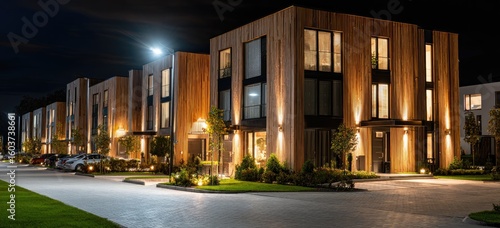 Modern townhouses at night, illuminated by warm lighting