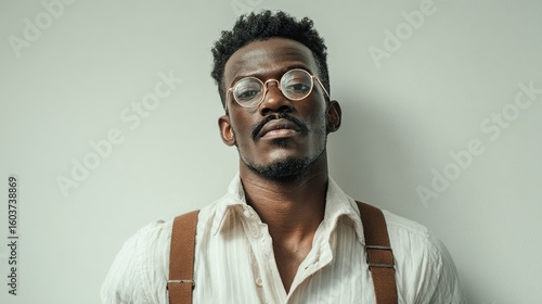 Close-up portrait of a serious young Black man with short, dark hair, wearing round glasses and a light-colored collared shirt with suspenders against a muted gray background