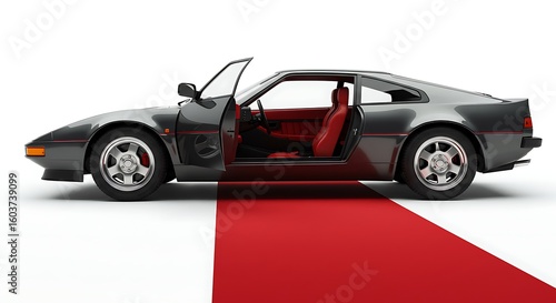 sports car on white background. open sport car door with red carpet and isolated background.