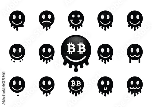 Melting Smiley Faces with Bitcoin Logos representing Crypto Market Volatility and Emotional Investment Depletion