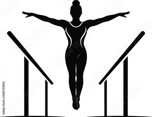 Gymnast performing on parallel bars in silhouette
