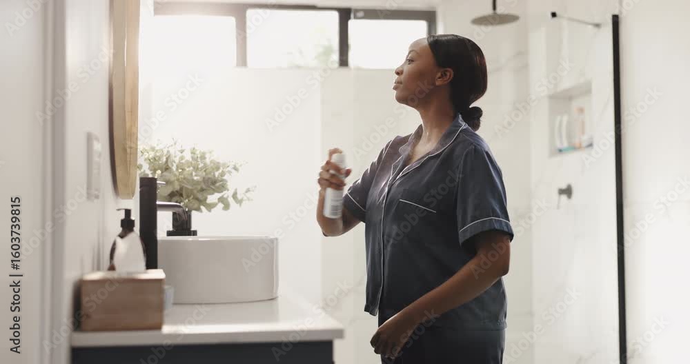 Home, deodorant and black woman in bathroom with spray for scent, fragrance and grooming. Morning routine, health and person with cosmetic products, perfume and fresh for hygiene, wellness and smell Home, deodorant and black woman in bathroom with spray for scent, fragrance and grooming. Morning routine, health and person with cosmetic products, perfume and fresh for hygiene, wellness and smell