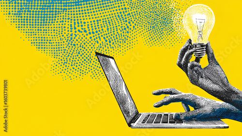 Trendy Halftone Collage Laptop and Hand holds lightbulb. Creative mind or brainstorm. Online education and study. Business solutions. Think outside the box. Marketing time. Contemporary vector art Sto